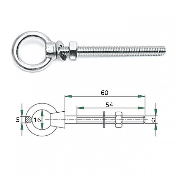 Рым-болт с проушиной 6х60мм диаметр уха 16 мм