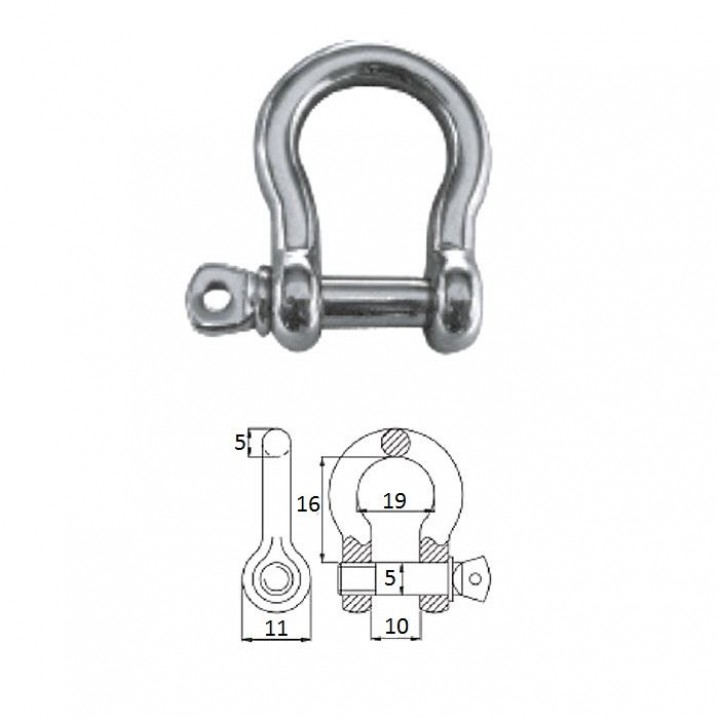 Скоба такелажная подкова с винтовым пальцем 5 мм сталь AISI 316