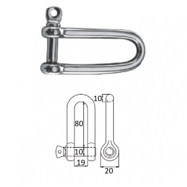 Скоба такелажная удлиненная с винтовым пальцем 10 мм сталь AISI 316